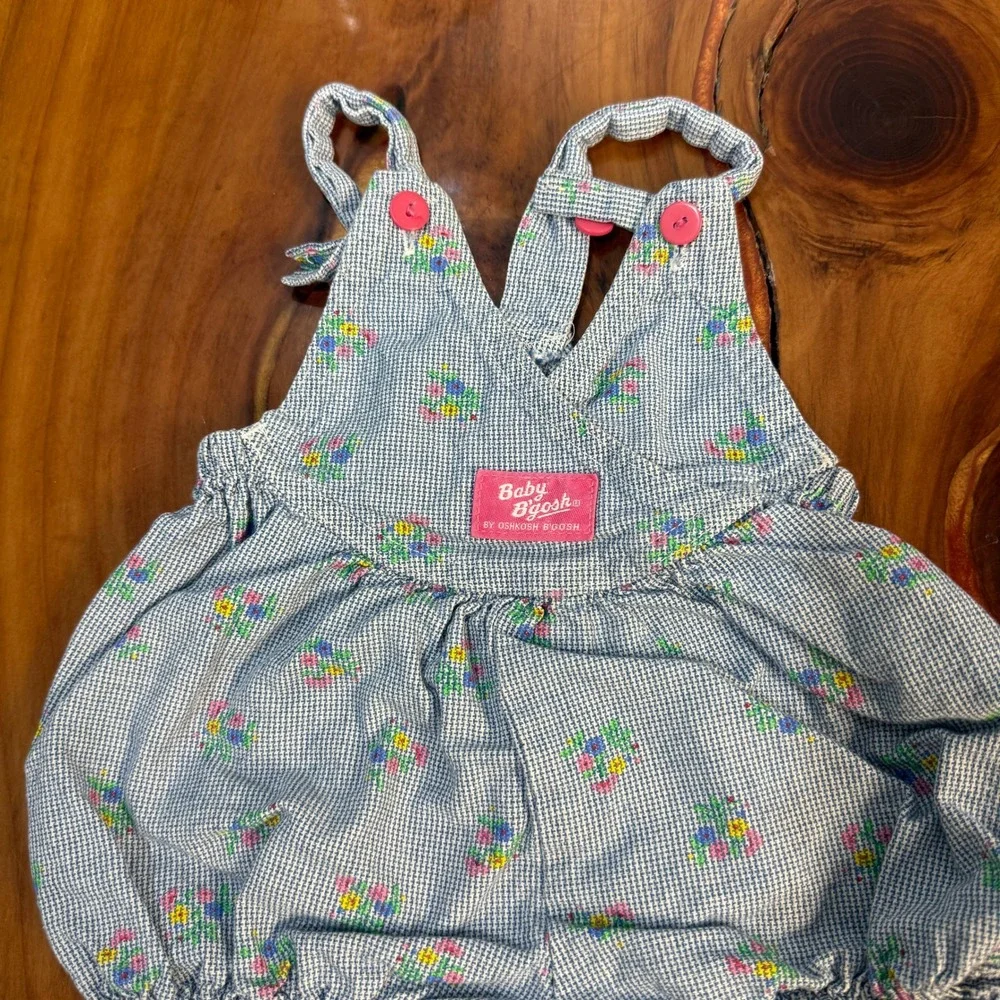 Vintage Oshkosh Overalls Denim 12M Cotton USA Floral Short Shortalls Bubble YY14